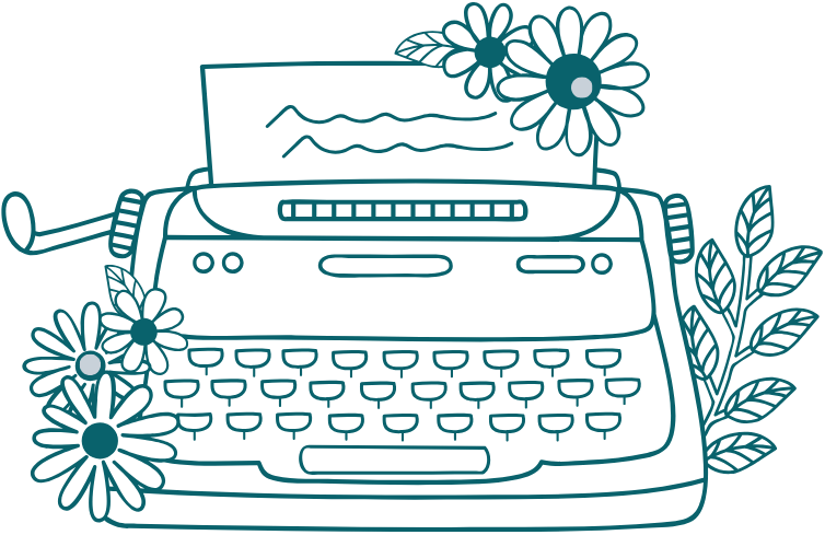 Line drawing of a typewriter with flowers and leaves